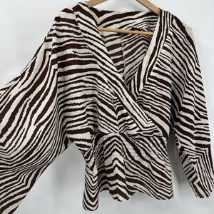 Women's Large Animal Print Wrap Blouse Peplum Wide 3/4 Sleeves Chic Neutral